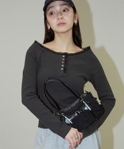 領口蕾絲拼接 長袖 T恤