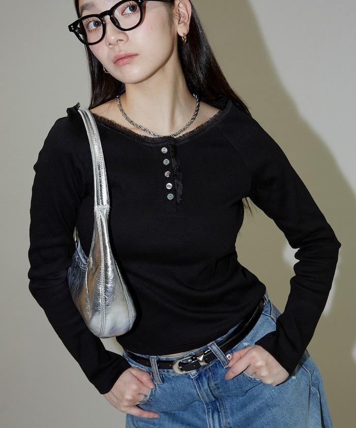 領口蕾絲拼接 長袖 T恤