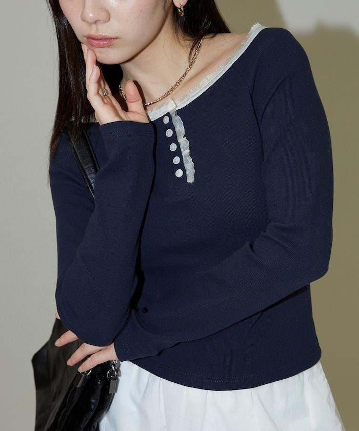 領口蕾絲拼接 長袖 T恤