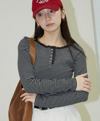 領口蕾絲拼接 長袖 T恤