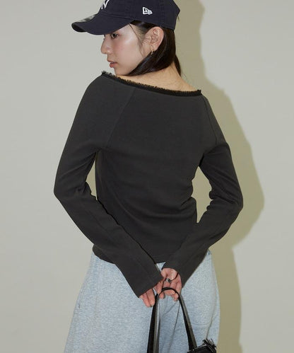 領口蕾絲拼接 長袖 T恤