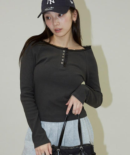 領口蕾絲拼接 長袖 T恤