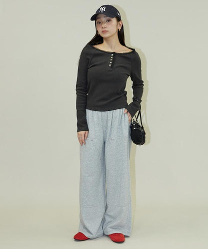 領口蕾絲拼接 長袖 T恤