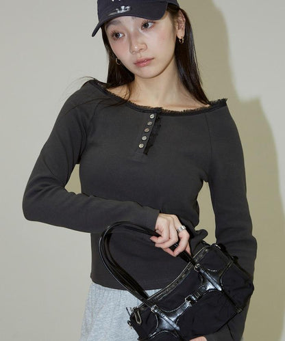 領口蕾絲拼接 長袖 T恤