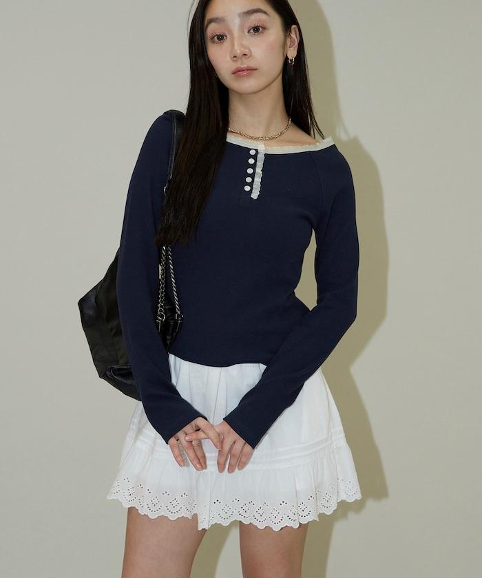 領口蕾絲拼接 長袖 T恤