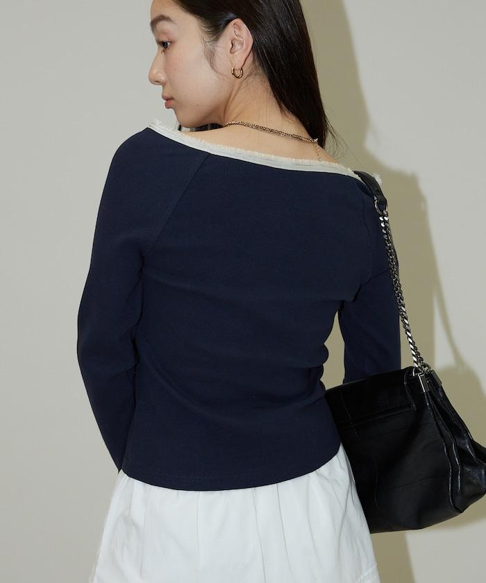 領口蕾絲拼接 長袖 T恤