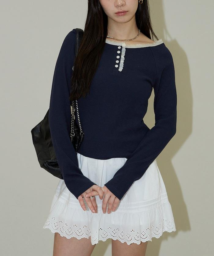 領口蕾絲拼接 長袖 T恤