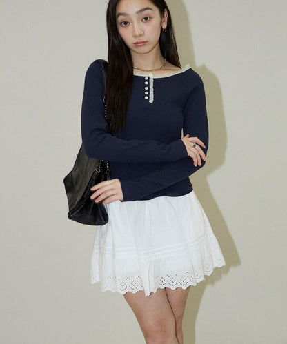 領口蕾絲拼接 長袖 T恤