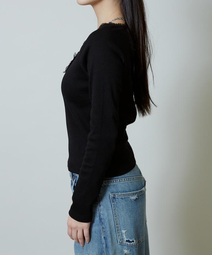 領口蕾絲拼接 長袖 T恤