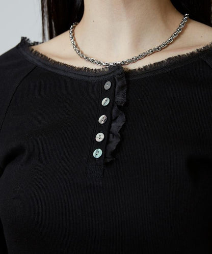 領口蕾絲拼接 長袖 T恤