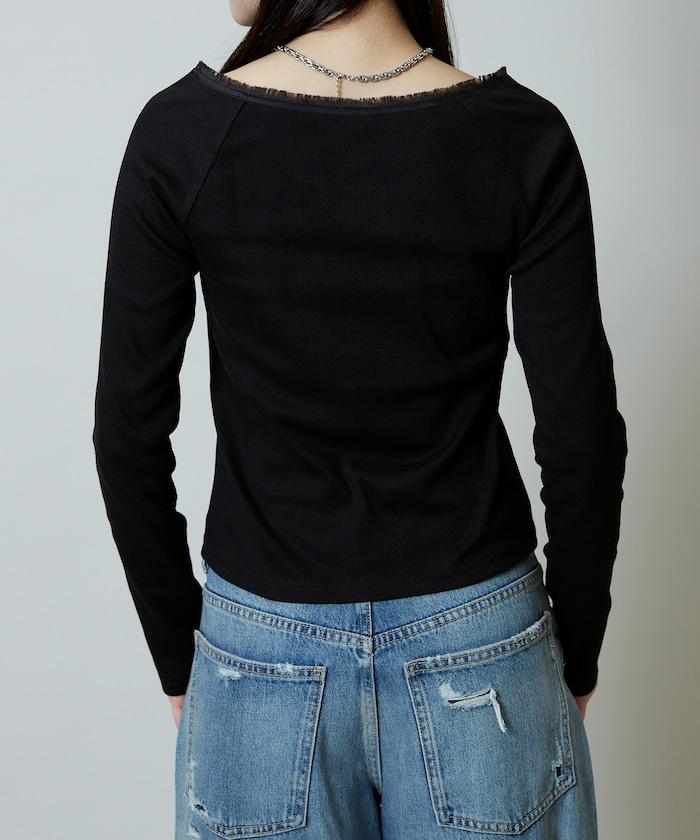 領口蕾絲拼接 長袖 T恤