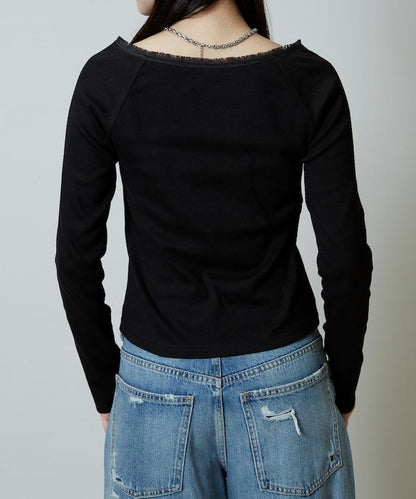 領口蕾絲拼接 長袖 T恤
