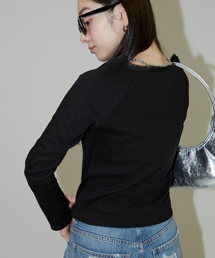 領口蕾絲拼接 長袖 T恤