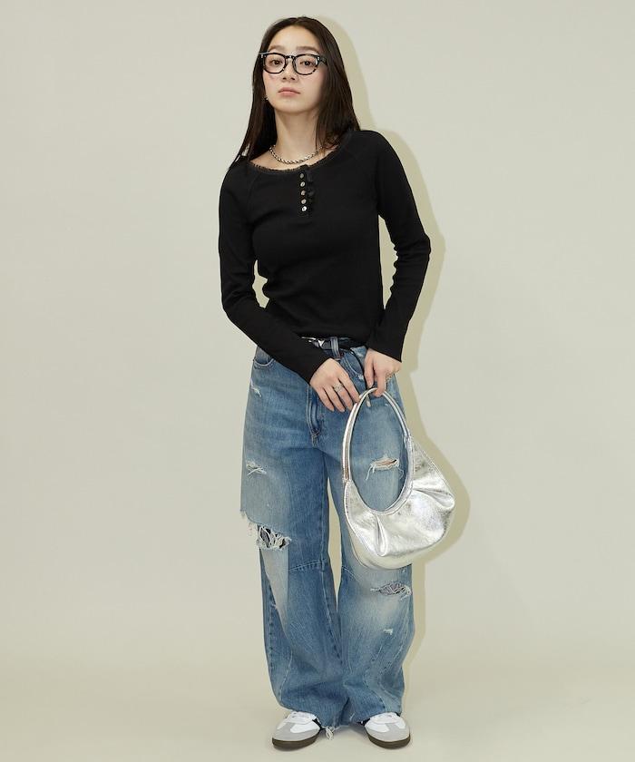 領口蕾絲拼接 長袖 T恤