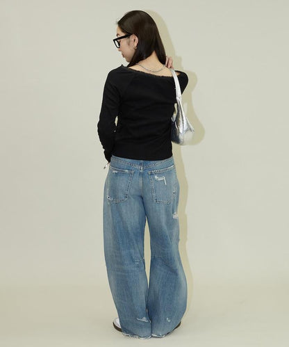 領口蕾絲拼接 長袖 T恤