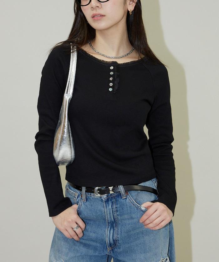 領口蕾絲拼接 長袖 T恤