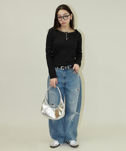 領口蕾絲拼接 長袖 T恤