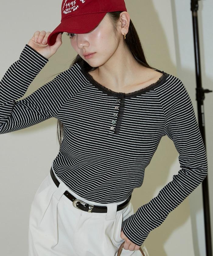 領口蕾絲拼接 長袖 T恤