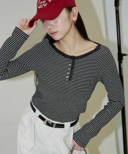 領口蕾絲拼接 長袖 T恤