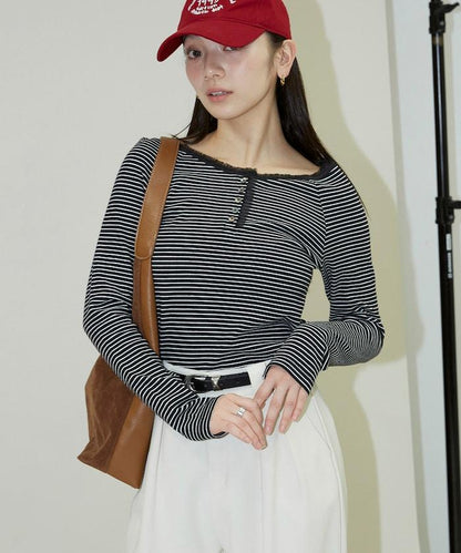 領口蕾絲拼接 長袖 T恤