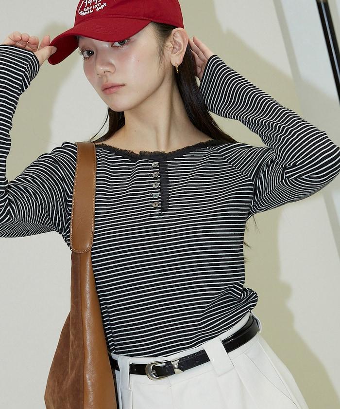 領口蕾絲拼接 長袖 T恤