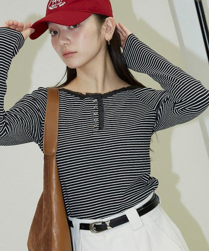 領口蕾絲拼接 長袖 T恤