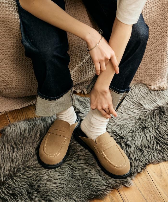 天鵝絨皮革 樂福廓形 一腳蹬 穆勒鞋