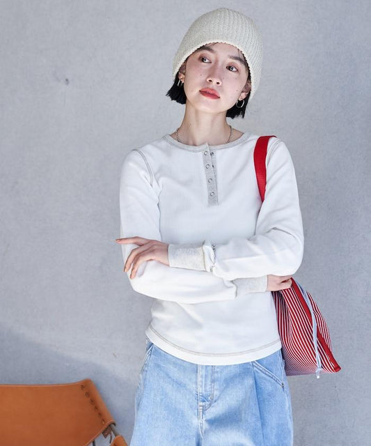 雙面面料配色亨利領長袖T恤