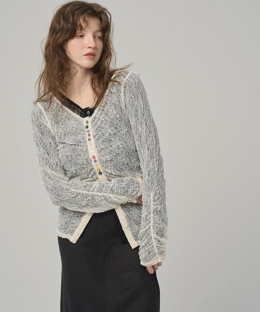 多扣蕾絲抽褶 針織開衫