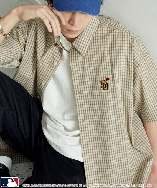 MLB 特別款 寬鬆版 單點刺繡 短袖襯衫