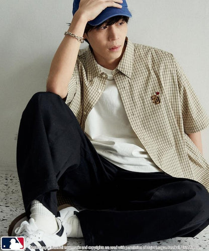 MLB 特別款 寬鬆版 單點刺繡 短袖襯衫