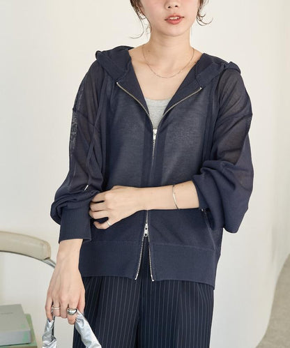 透紗針織 雙拉鍊 透氣 針織連帽開衫
