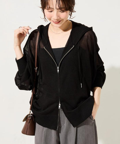 透紗針織 雙拉鍊 透氣 針織連帽開衫