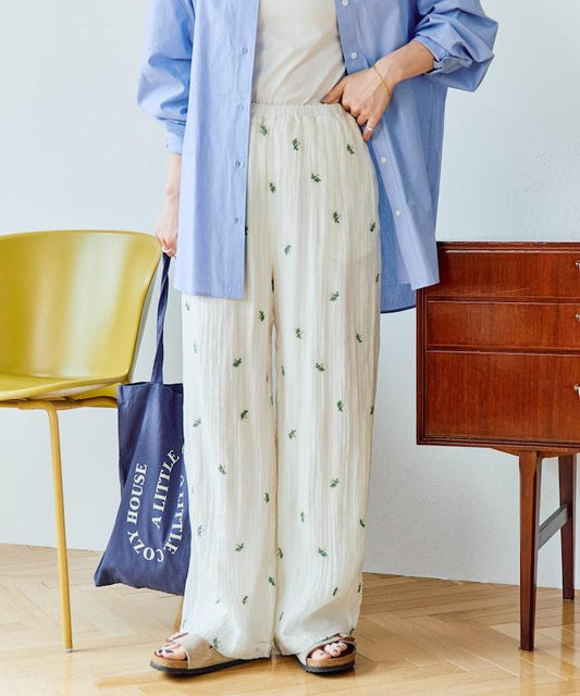 透紗寬鬆小花刺繡褲子