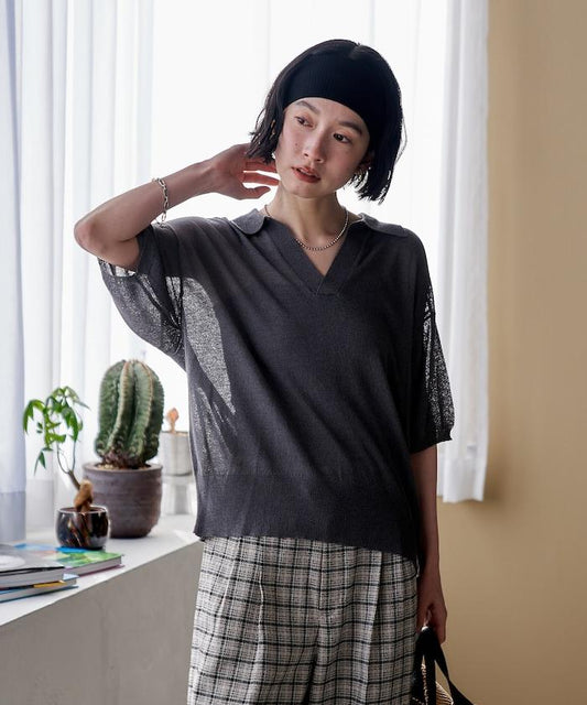 透膚開襟V領五分袖夏季針織上衣