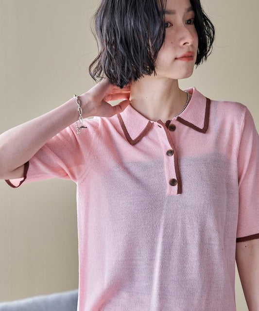透膚配色滾邊 五分袖 POLO領 針織上衣