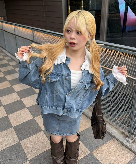 蕾絲可拆卸 大翻領 牛仔外套 【RMAF】 (Note: 英文/字母 RMAF 原樣保留)