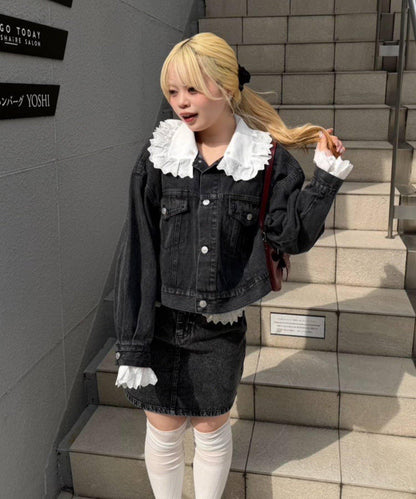 蕾絲可拆卸 大翻領 牛仔外套 【RMAF】 (Note: 英文/字母 RMAF 原樣保留)