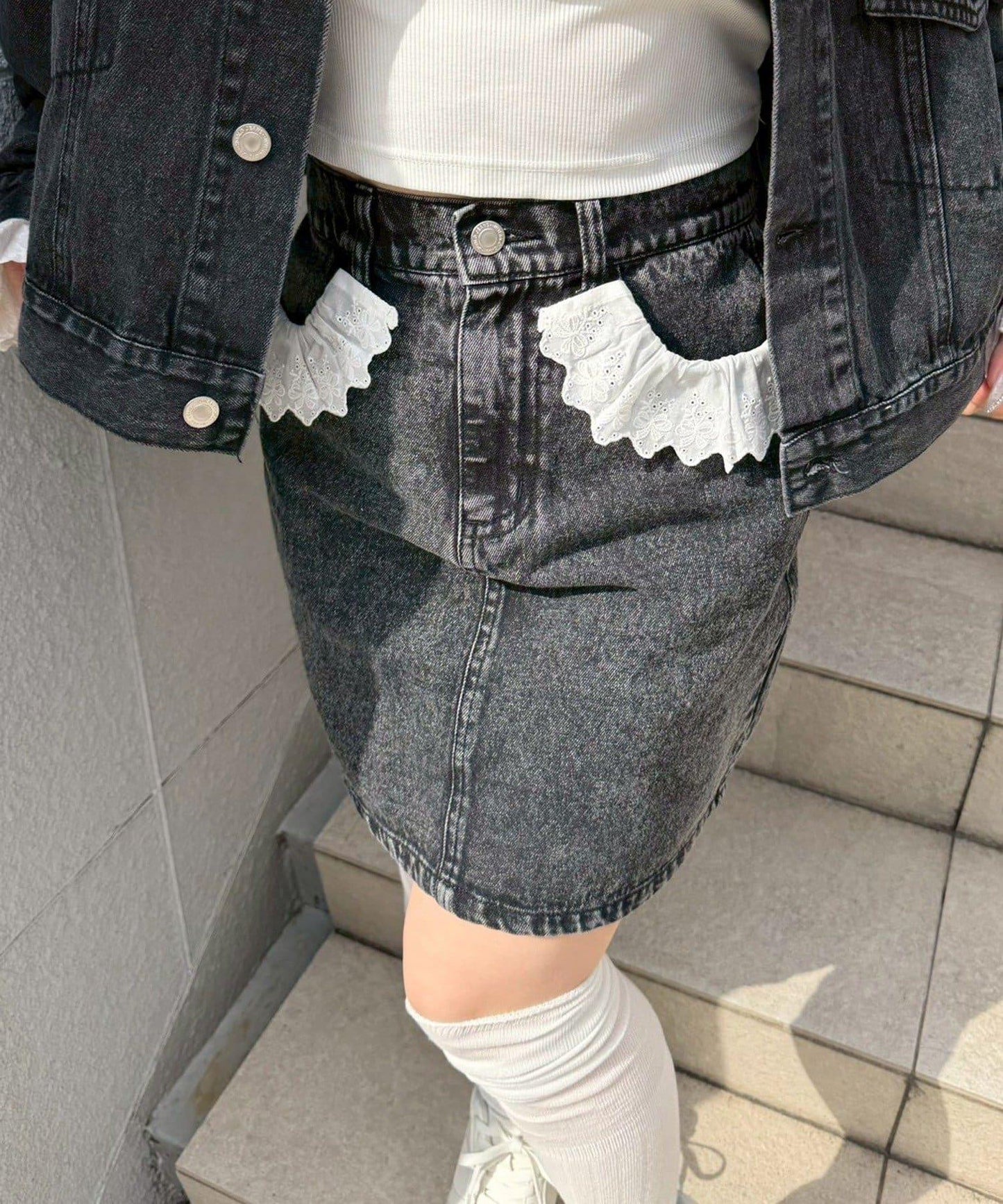 蕾絲可拆卸 前口袋蕾絲 A字半身裙