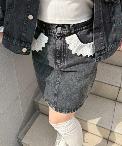 蕾絲可拆卸 前口袋蕾絲 A字半身裙