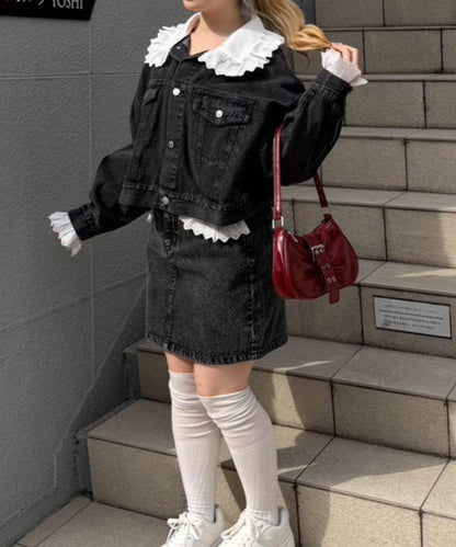 蕾絲可拆卸 大翻領 牛仔外套 【RMAF】 (Note: 英文/字母 RMAF 原樣保留)