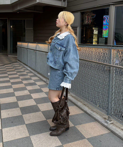 蕾絲可拆卸 大翻領 牛仔外套 【RMAF】 (Note: 英文/字母 RMAF 原樣保留)