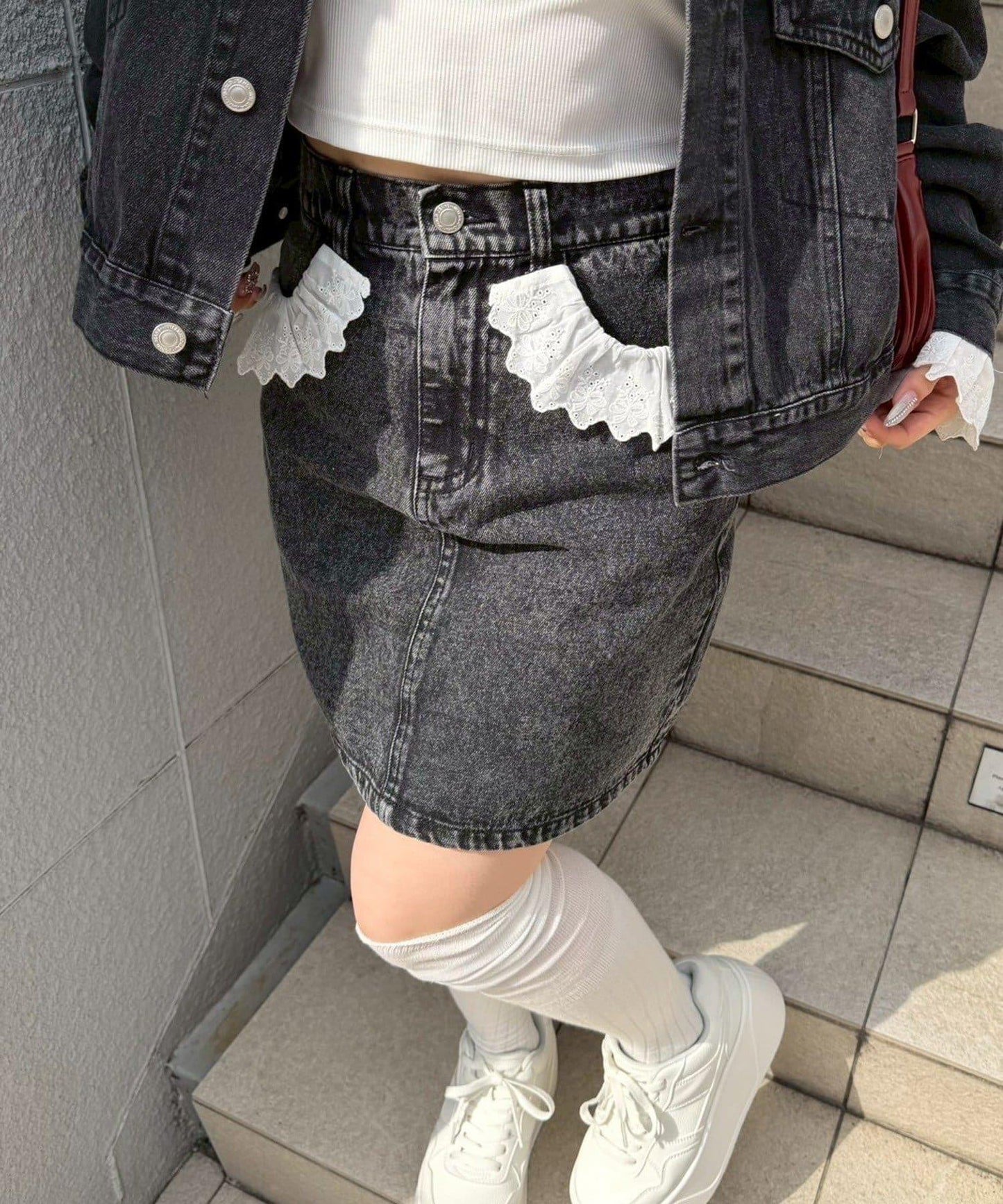 蕾絲可拆卸 前口袋蕾絲 A字半身裙