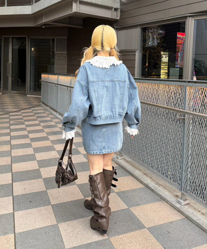 蕾絲可拆卸 大翻領 牛仔外套 【RMAF】 (Note: 英文/字母 RMAF 原樣保留)