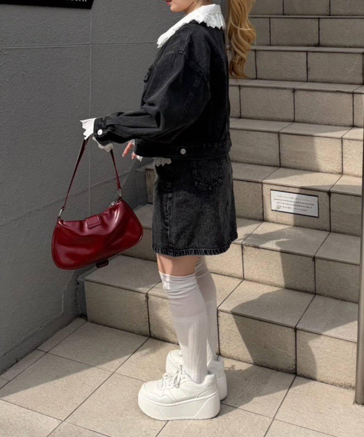 蕾絲可拆卸 前口袋蕾絲 A字半身裙