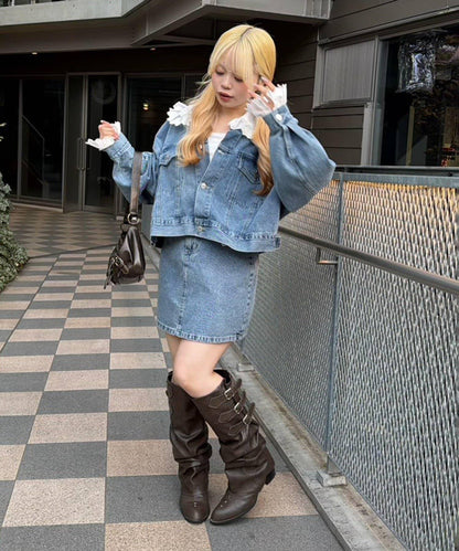 蕾絲可拆卸 前口袋蕾絲 A字半身裙