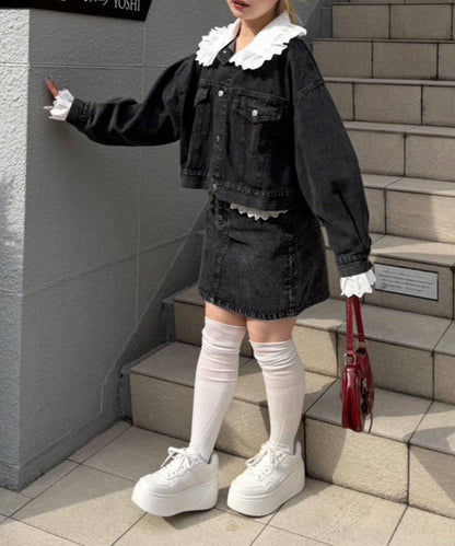 蕾絲可拆卸 前口袋蕾絲 A字半身裙