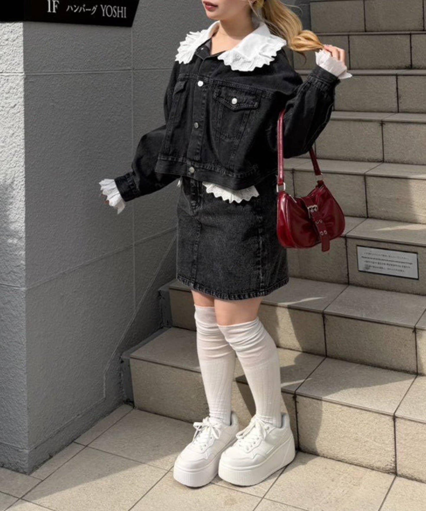 蕾絲可拆卸 前口袋蕾絲 A字半身裙