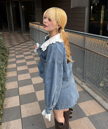 蕾絲可拆卸 大翻領 牛仔外套 【RMAF】 (Note: 英文/字母 RMAF 原樣保留)