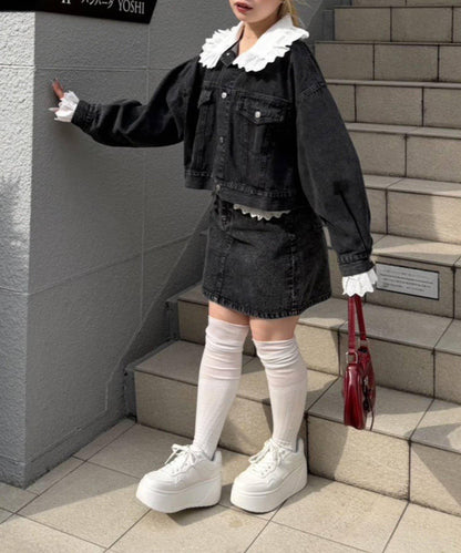 蕾絲可拆卸 大翻領 牛仔外套 【RMAF】 (Note: 英文/字母 RMAF 原樣保留)